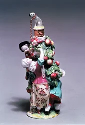 Chelsea doftflaska föreställande en mor och barn som plockar frukt, Gold Anchor Period, 1758-69 (porslin)